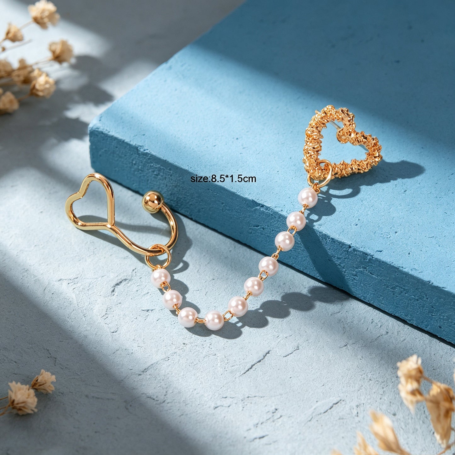 1 pc Gold Heart Imitation Pearl Chain Ear Cuff Climber Earring Romantic Dating Jewelry Festival Gift