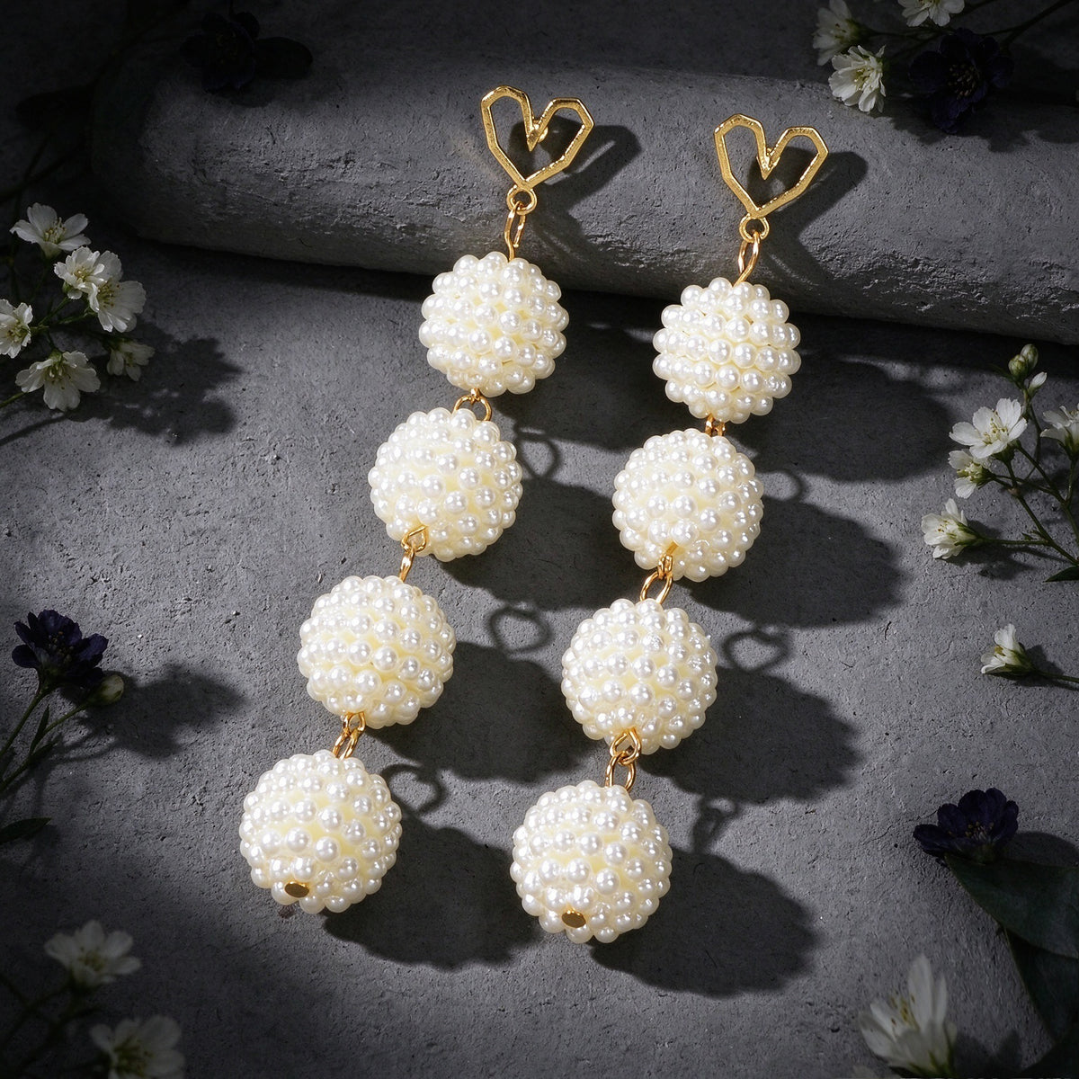 Wedding Bridal Party Gold Heart Stud Long Imitation Pearl Ball Dangle Earrings