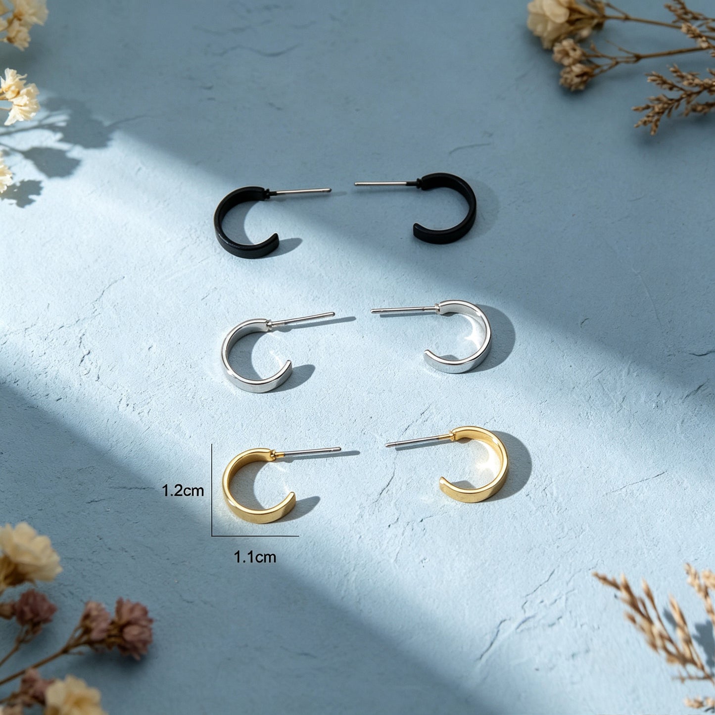 3 Pairs Punk C Shaped Stackable Hoop Stud Earrings Set Gold Silver Black Simple Daily Street Jewelry