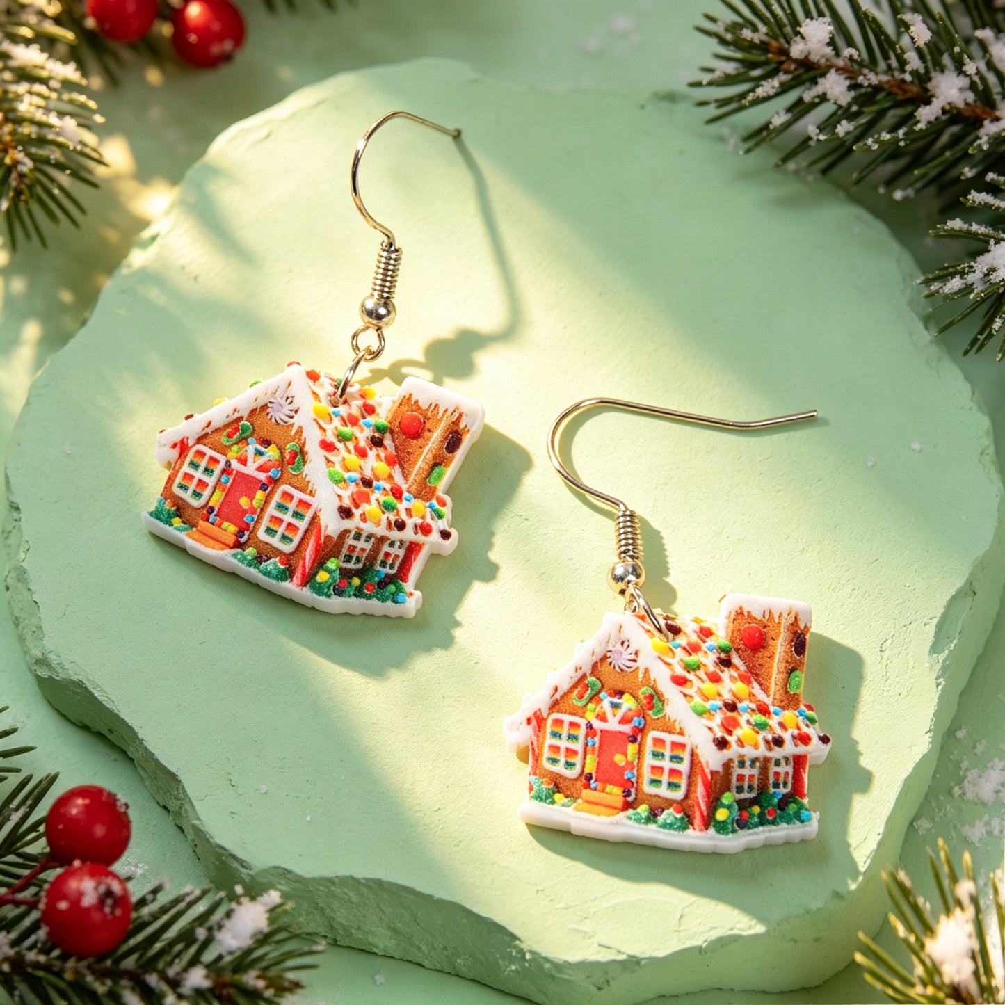 Christmas Colorful Gingerbread House Acrylic Dangle Earrings Cute Holiday Party Gathering Jewelry Gift