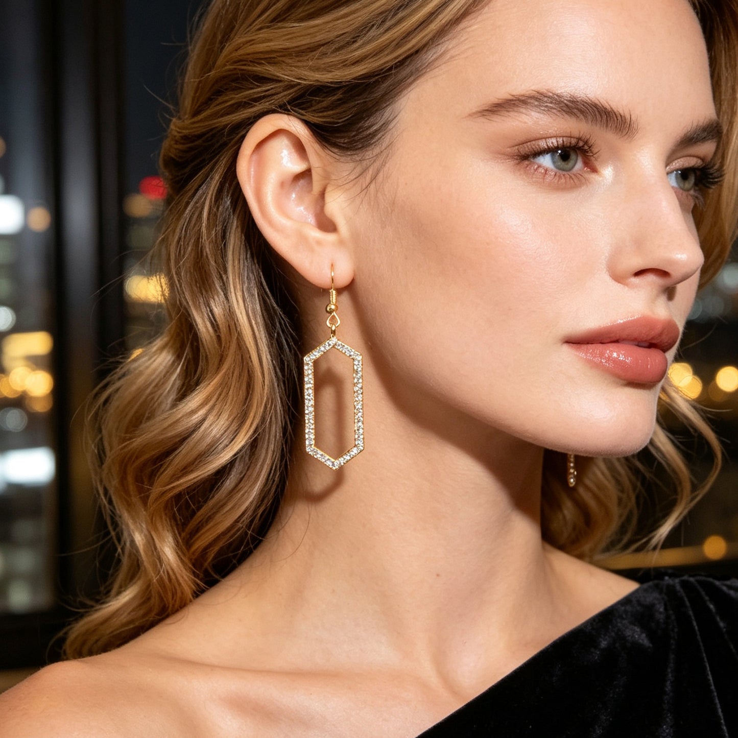 Sparkling Gold Hexagon Geometric Dangle Earrings Luxurious Banquet Party Jewelry