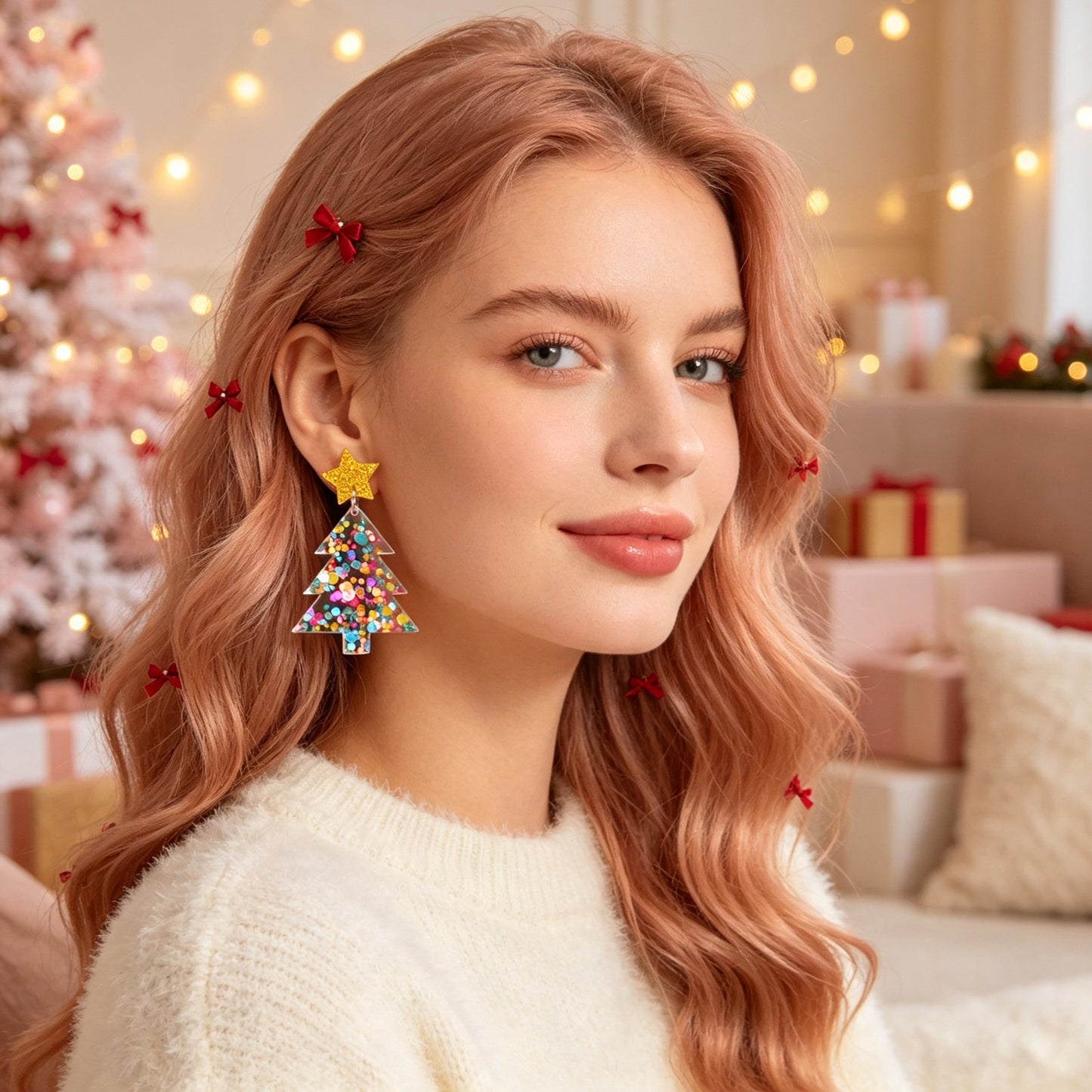 Christmas Tree Dangle Earrings Glitter Star Acrylic Colorful Xmas Party Jewelry