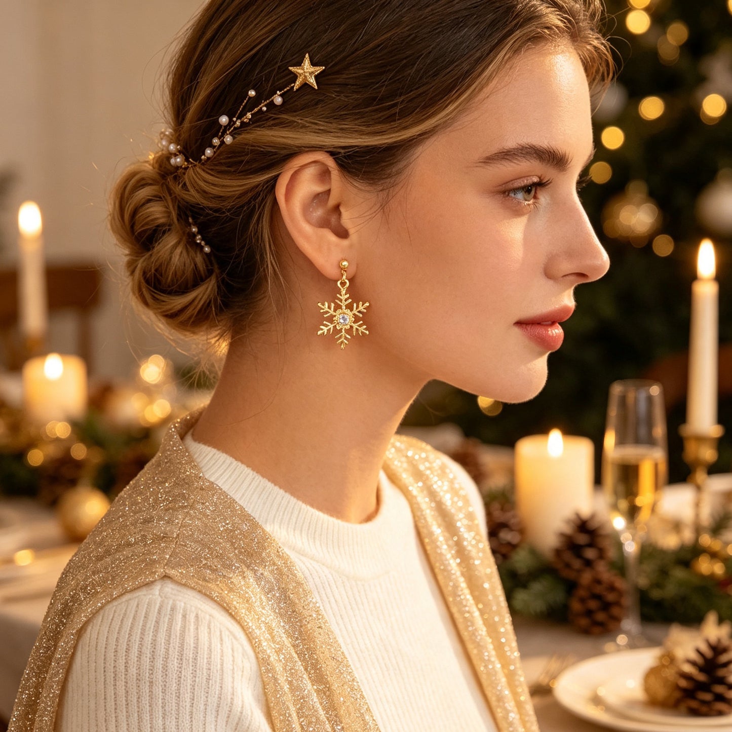 Christmas Jewelry Gold Snowflake Drop Earrings Women Delicate Festival Party Accessories