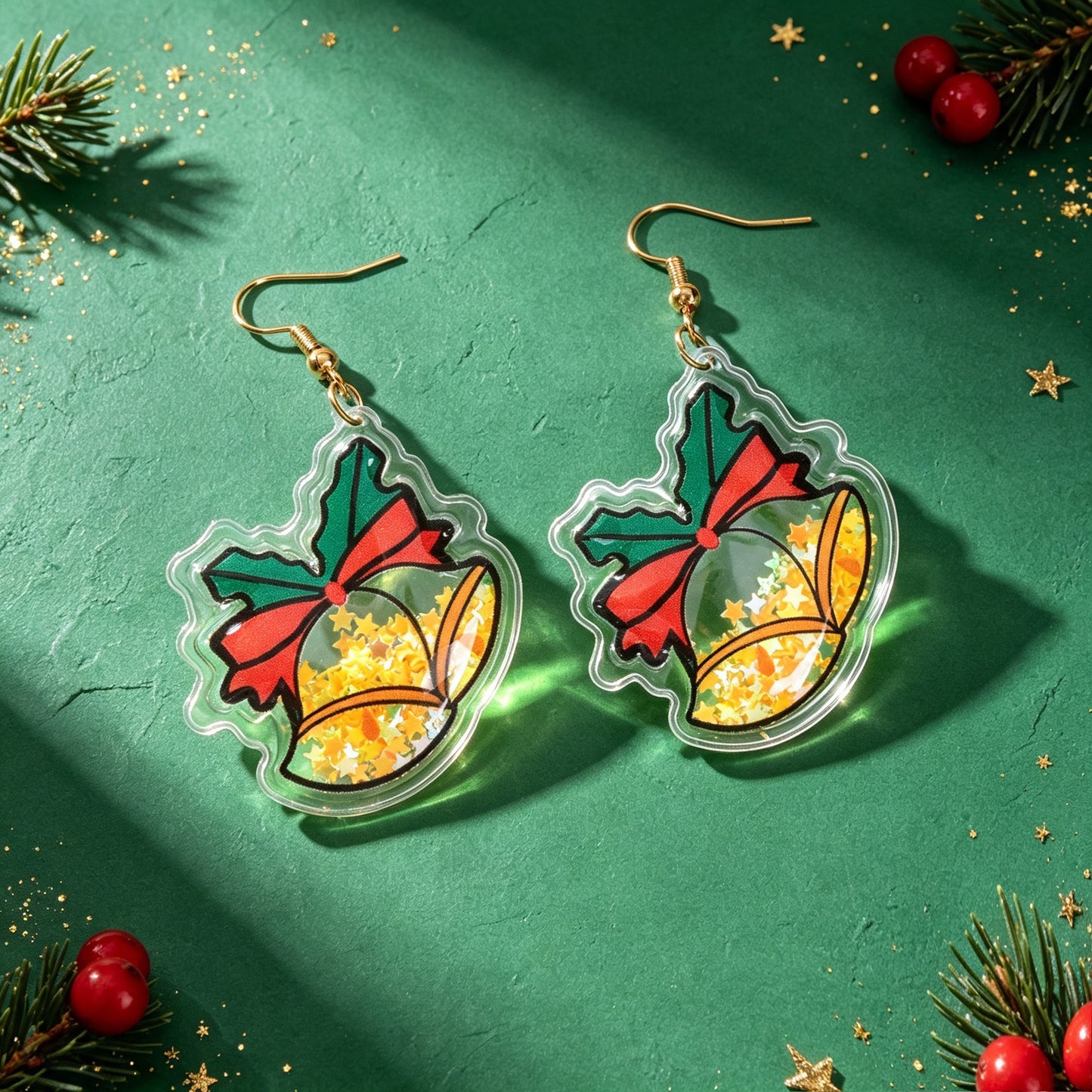 Glitter Christmas Bell Acrylic Dangle Earrings Star Bow Decor Cute Festive Gathering Jewelry Gift
