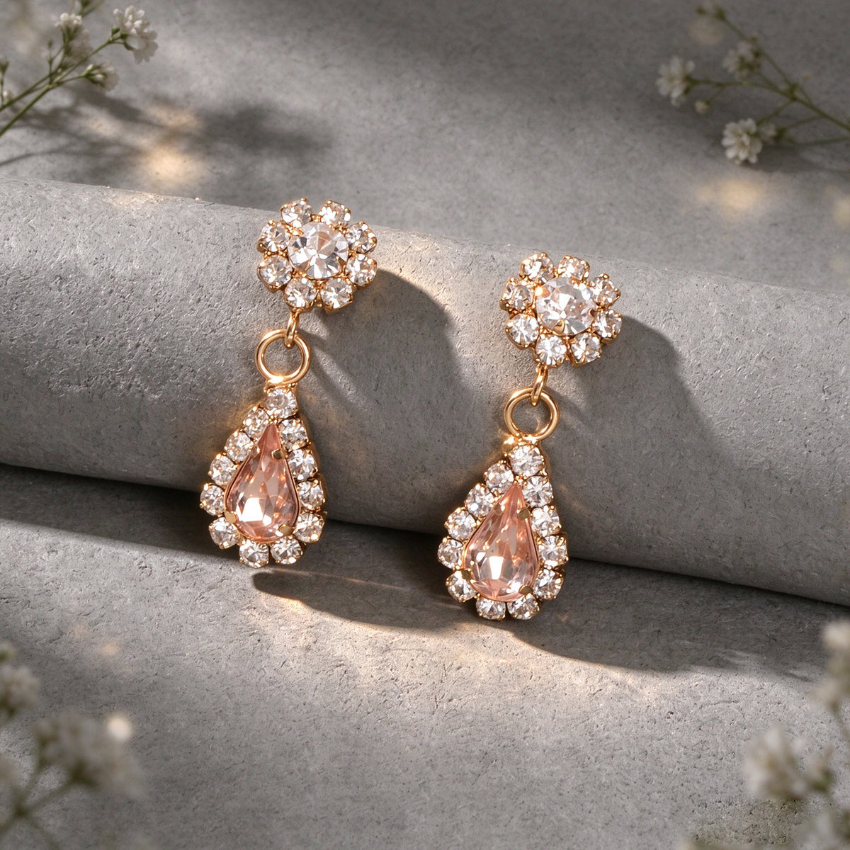 Elegant Pink Teardrop Drop Earrings Rhinestone Floral Stud Evening Party Jewelry