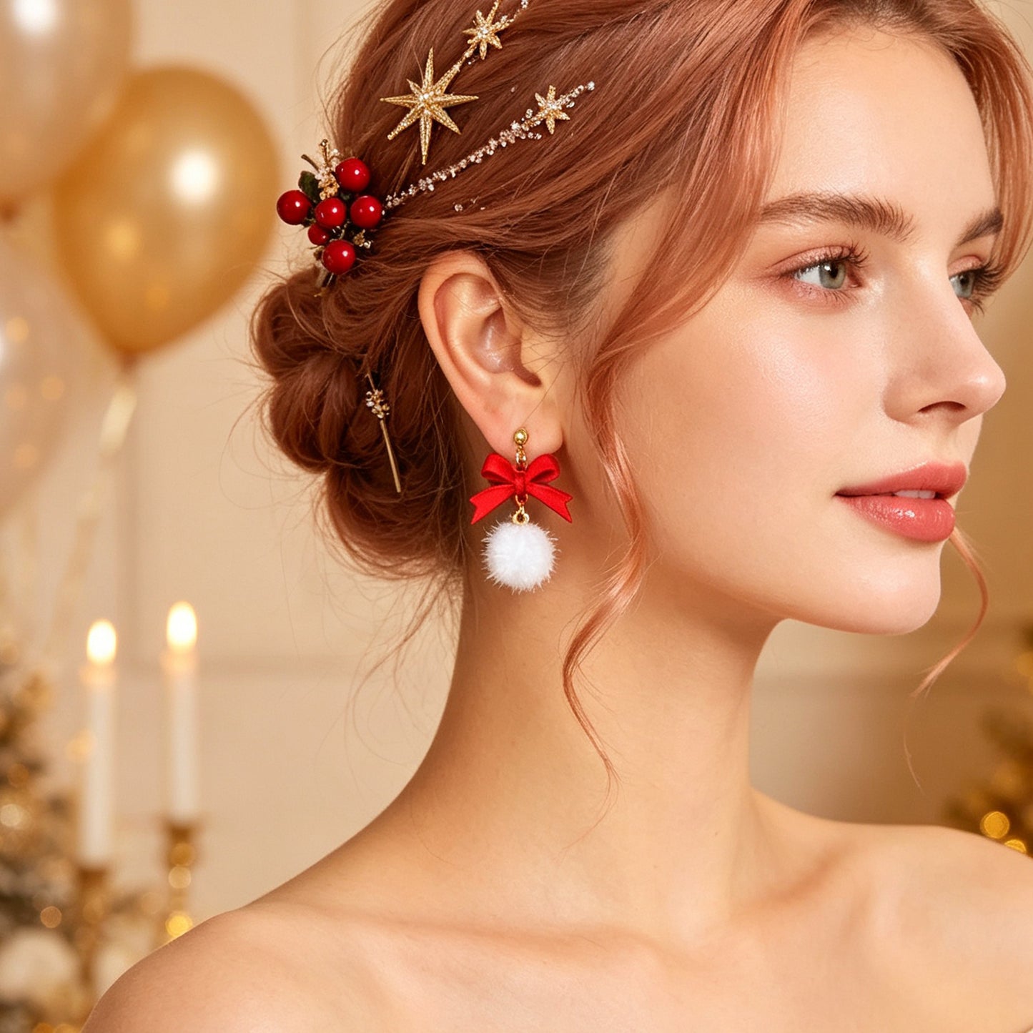 Christmas New Year Red Bow White Furry Ball Earrings Cute Party Jewellery Gift