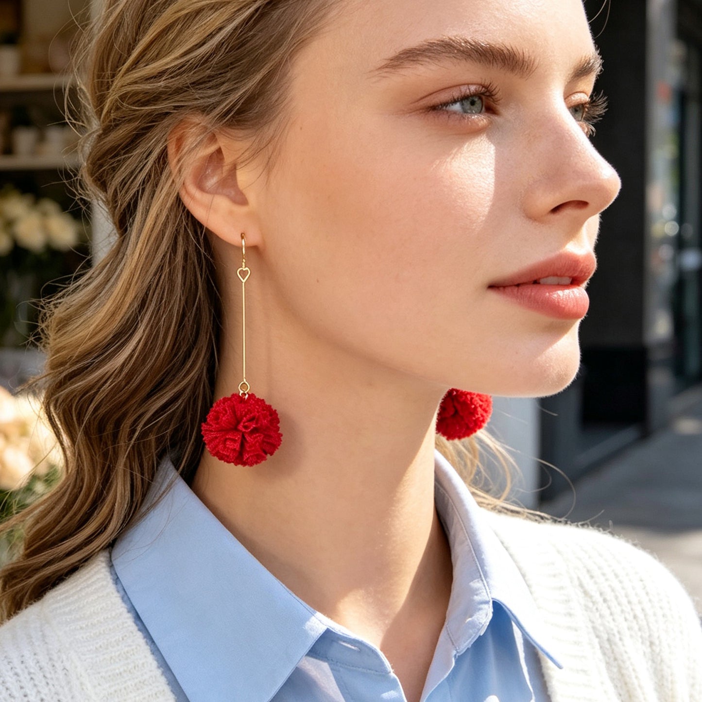 Romantic Red Fabric Flower Long Dangle Earrings Wedding Festival Party Jewelry
