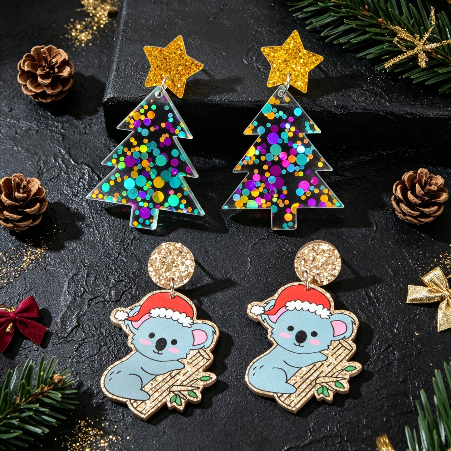 2 pairs Cartoon Christmas Tree Koala Drop Earrings Lovely Holiday Party Jewelry