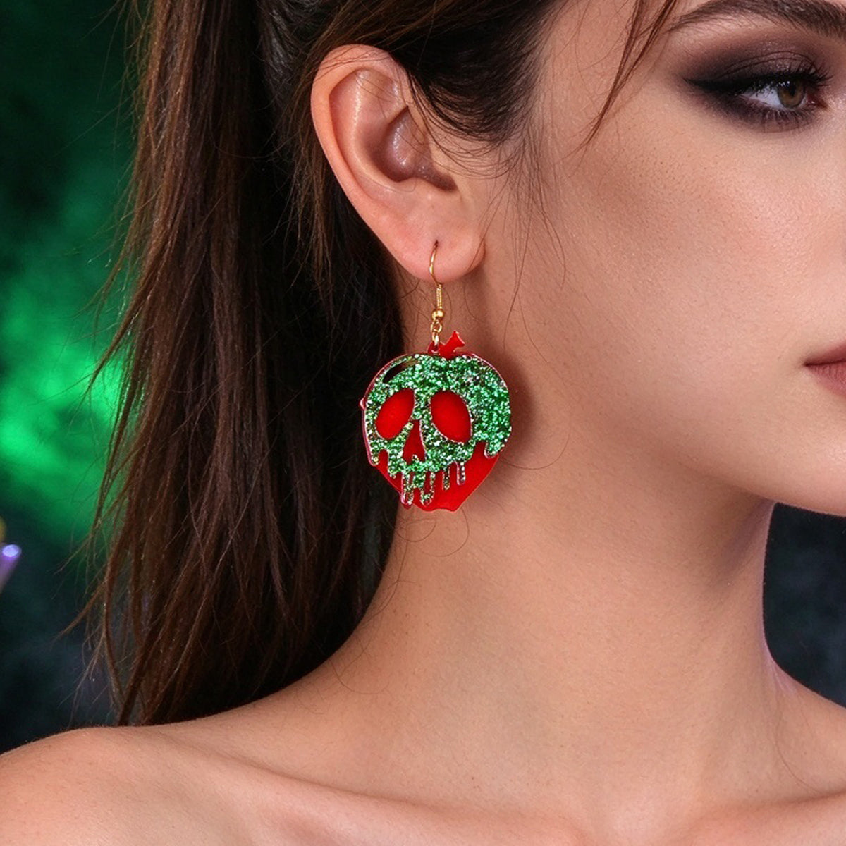 Halloween Gothic Red Green Glitter Skull Dangle Hook Earrings Cosplay Jewellery