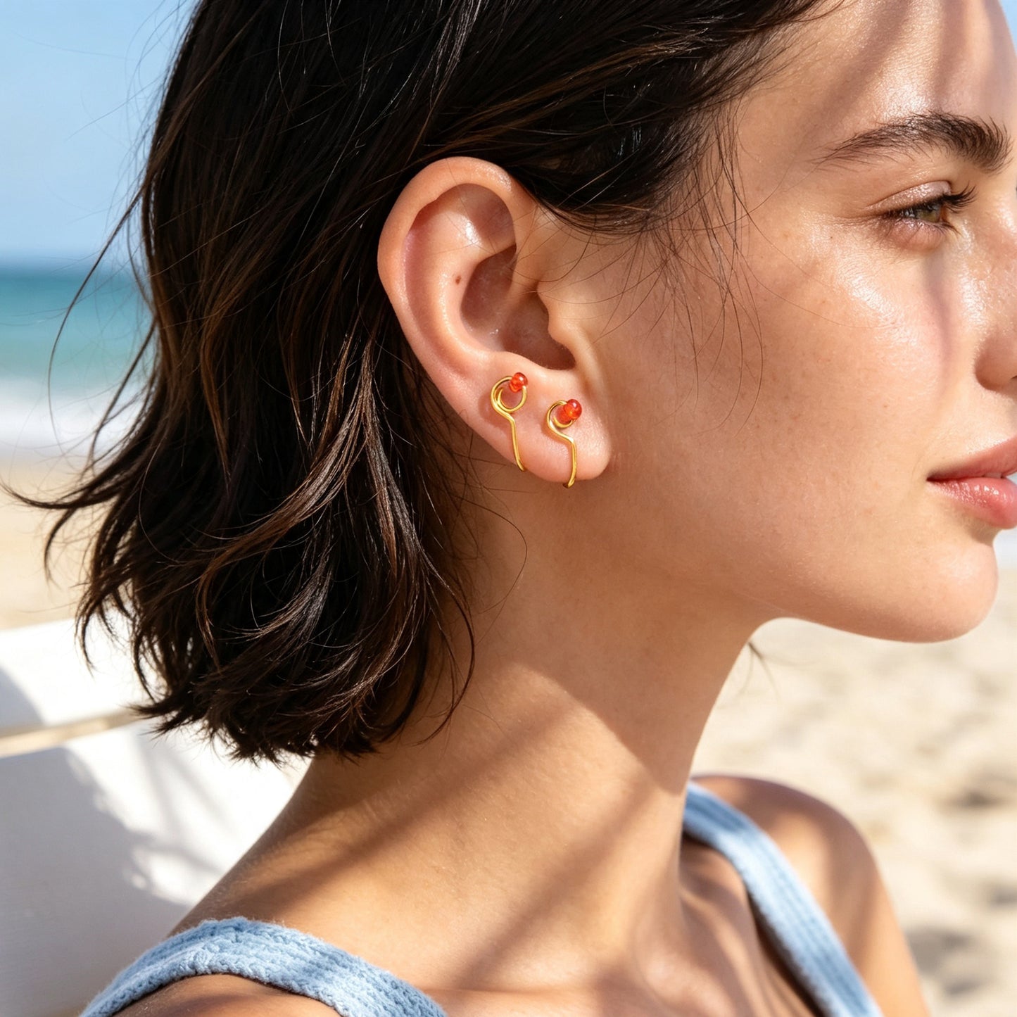 2pcs Summer Beach Vacation Red Bead Ear Cuffs No Piercing Gold Minimal Ear Clips