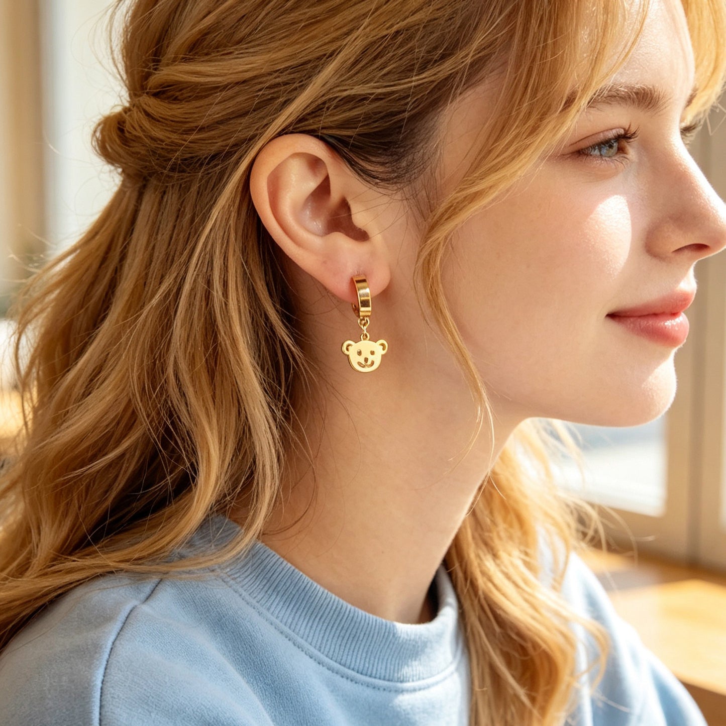Cartoon Gold Smiley Bear Head Dangle Earrings Cute Animal Element Jewelry Birthday Gift