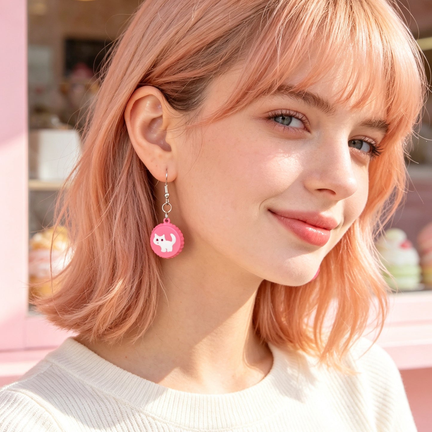 Cute White Cat Hotpink Bottle Cap Dangle Earrings Sweet Jewelry for Daily Party Gift