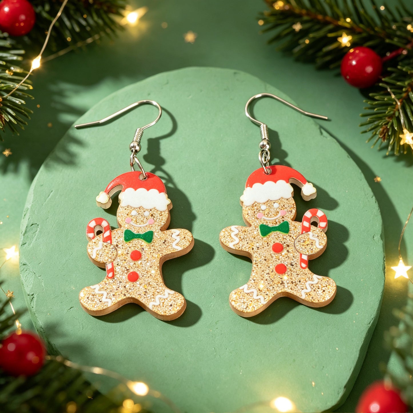 Christmas Cute Sparkly Gingerbread Man Dangle Earrings Holiday Party Jewelry Gift