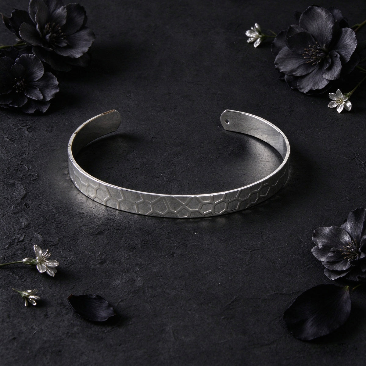 Punk Silver Geometric Hammered Texture Open Cuff Bangle Simple Trendy Jewellery