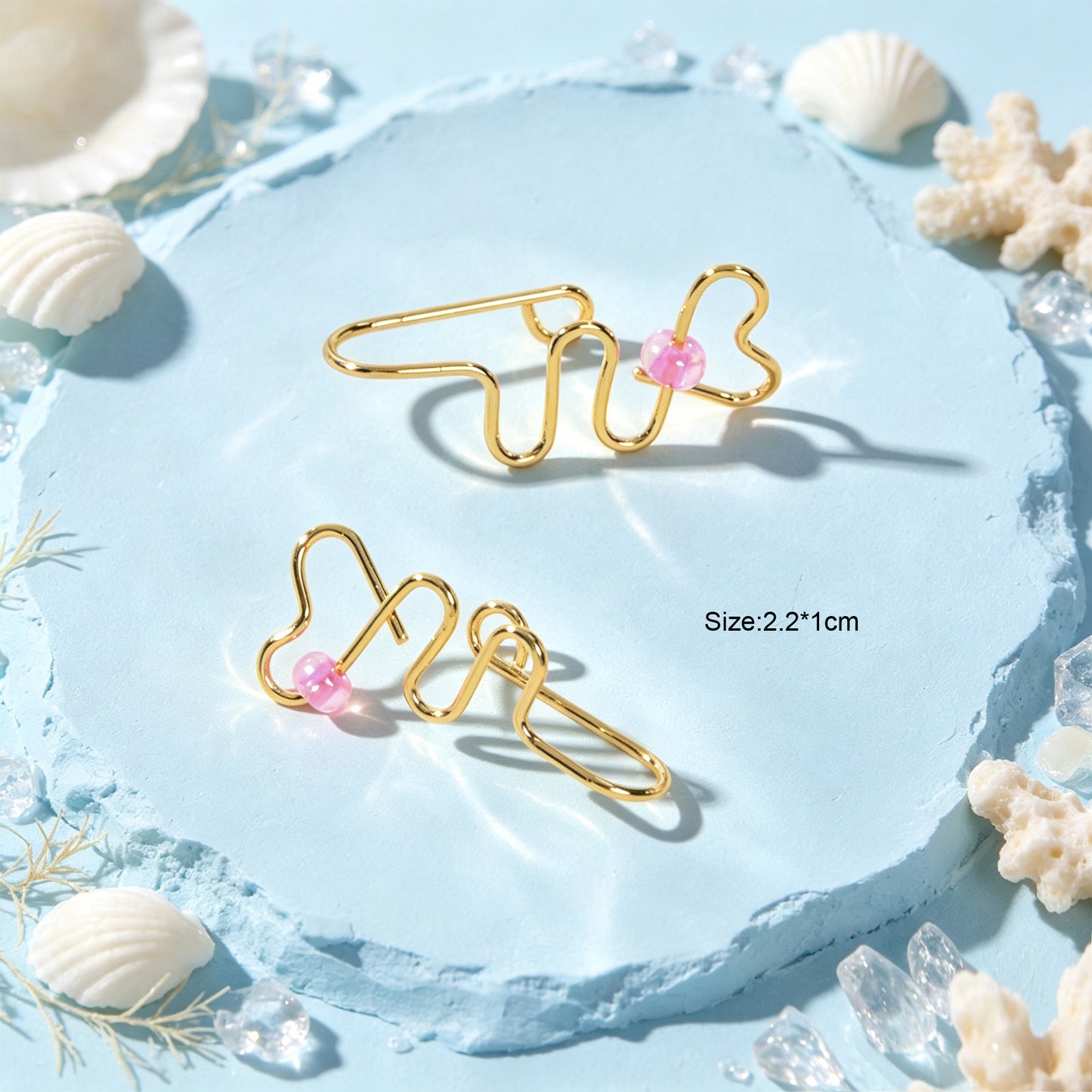 2pcs Delicate Gold Wavy Heart Ear Cuff Pink Bead Non-Pierced Cartilage Ear Clip