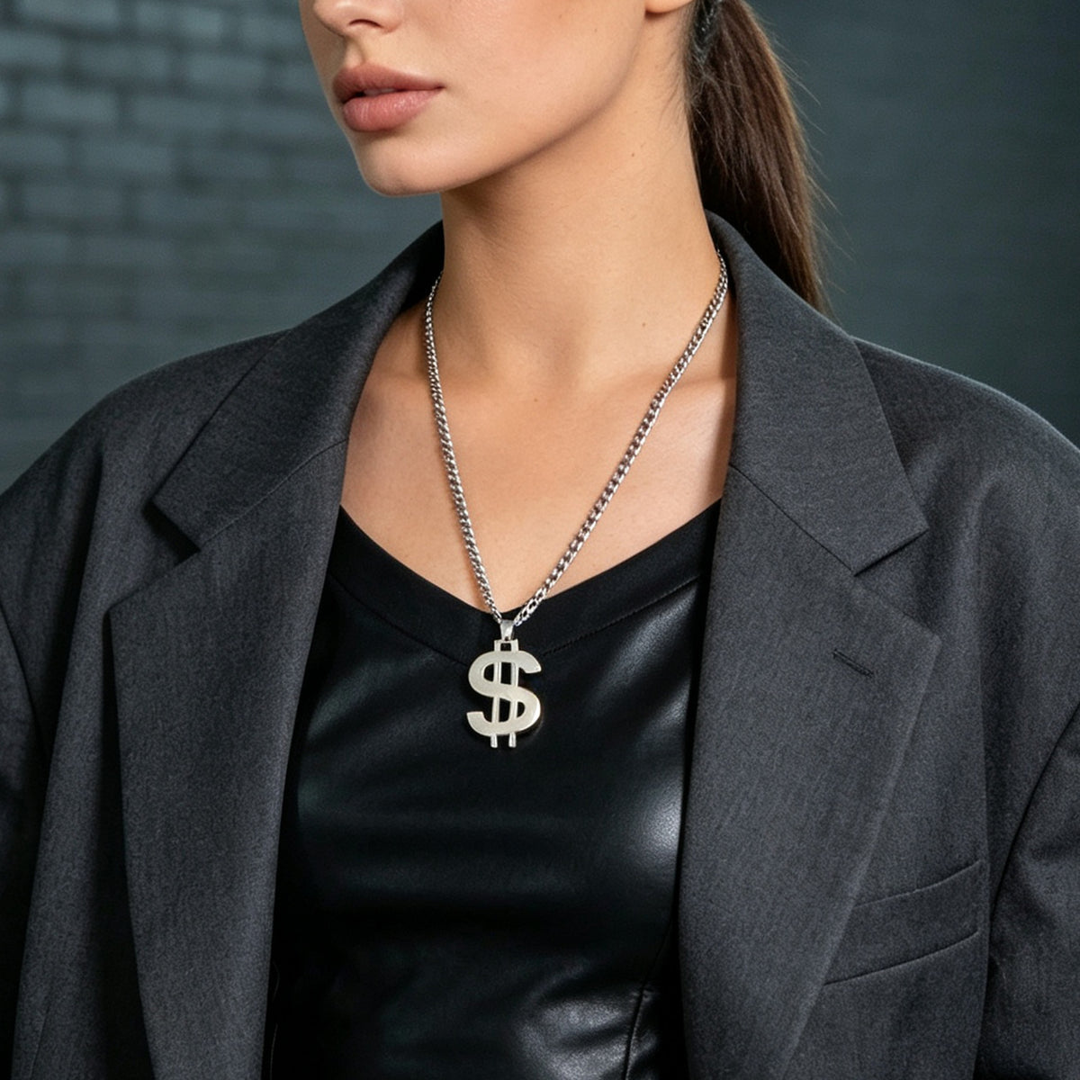 Street Style Silver Dollar Sign Pendant Cuban Chain Necklace Personality Jewelry
