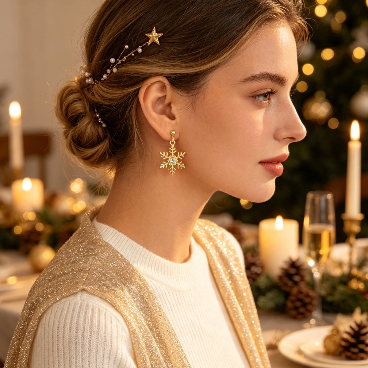 Christmas Jewellery Rhinestone Gold Snowflake Drop Earrings Festival Accessories