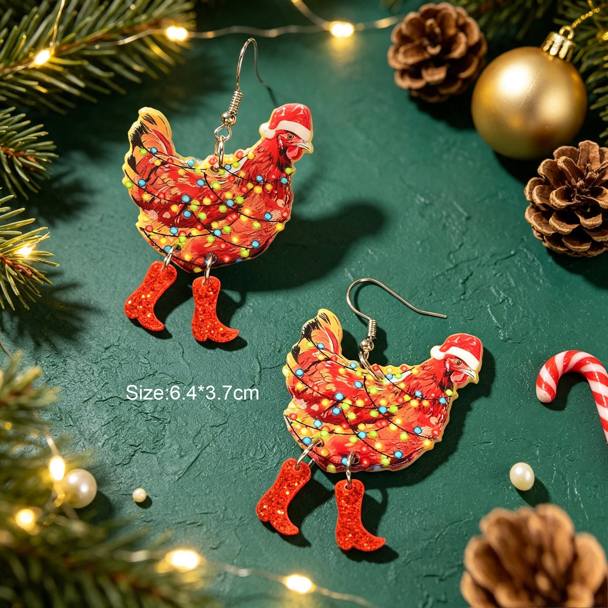 Christmas Chicken Dangle Earrings Santa Hat Red Boots Colorful Light Decor Funny Animal Jewelry