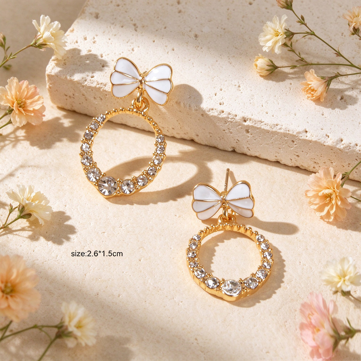 Sweet White Bow Sparkling Faux Crystal Circle Drop Earrings Elegant Jewelry Gift