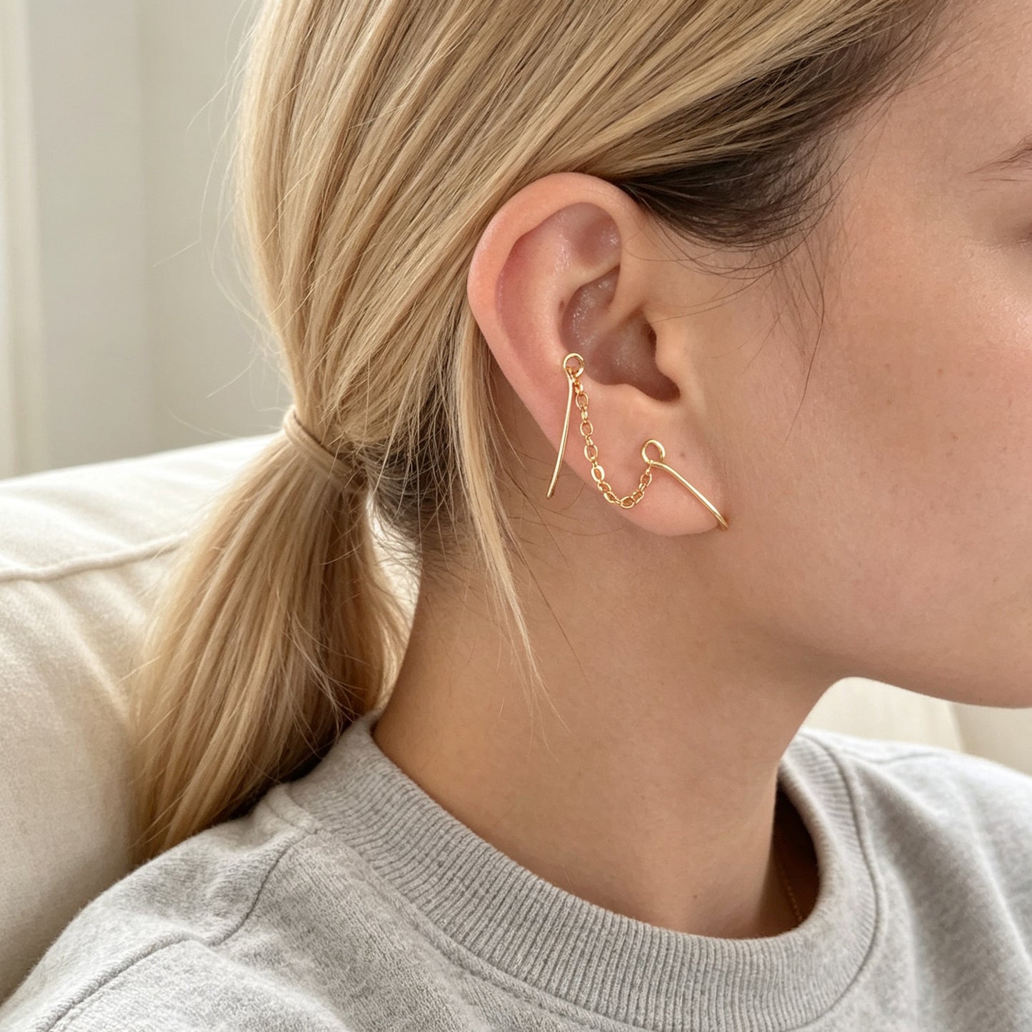 2pcs Hip Hop Street Chain Clip‑On Earrings Casual Simple Non‑Pierced Ear Cuffs