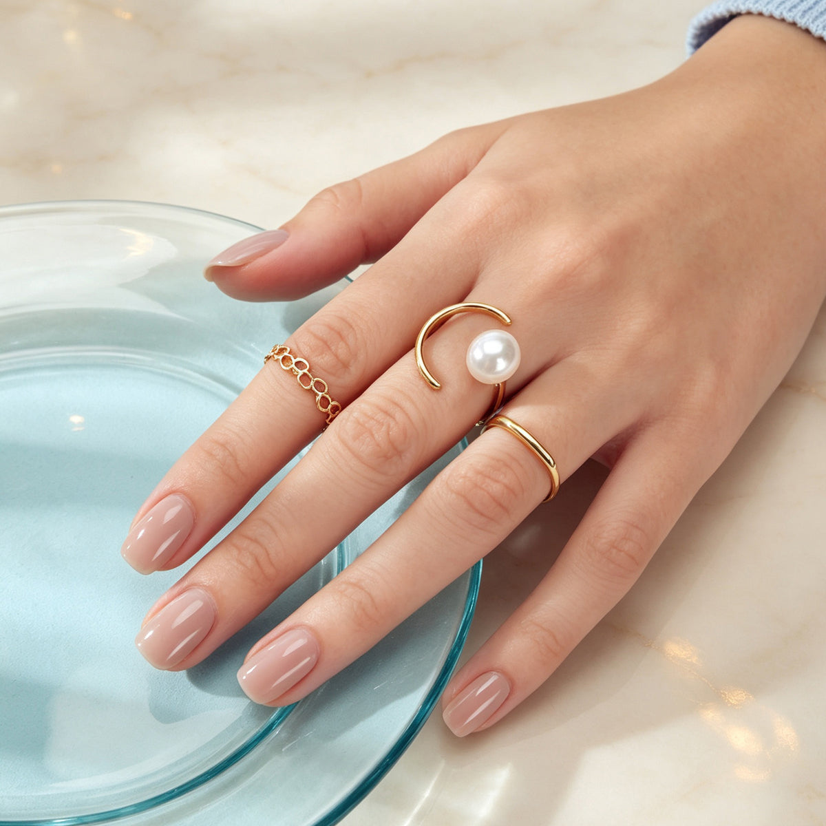 3pcs Minimalist Jewellery Imitation Pearl Bar Decor Stackable Midi Finger Rings