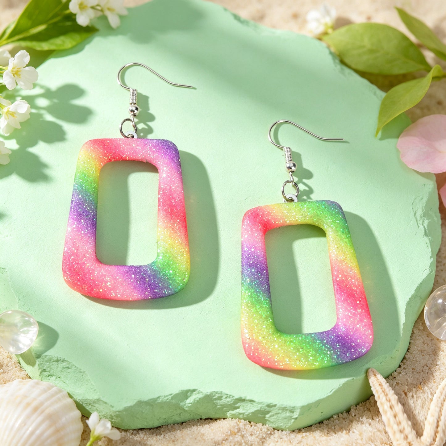 Bright Multicolor Irregular Square Geometric PU Leather Dangle Earrings Beach Vacation Rave Accessories