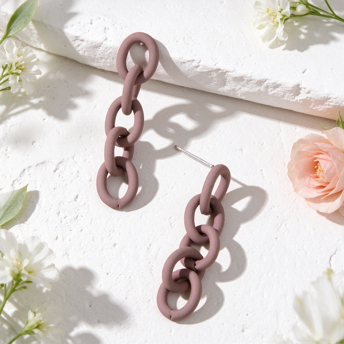 Brown Matte Chain Link Dangle Earrings Minimalist Geometric Drop Jewellery Gift
