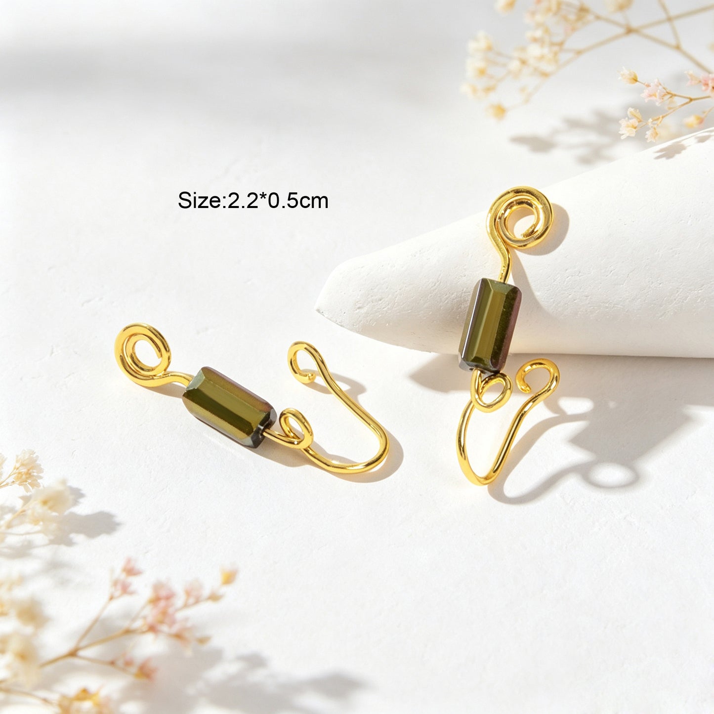 2pcs Gold Wire Wrap Green Bead Ear Cuff Non Piercing Ear Clips Cartilage Jewelry