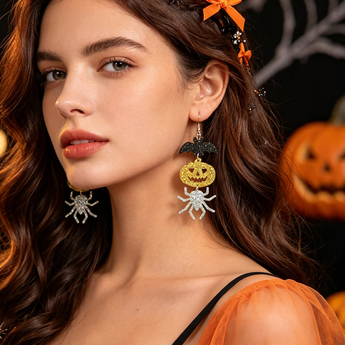 Halloween Glitter Bat Pumpkin Spider Drop Earrings Spooky Holiday Party Jewelry