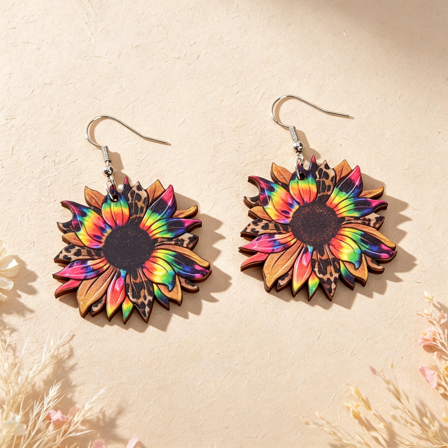 Boho Colorful Sunflower Wooden Dangle Earrings Beach Vacation Party Photoshoot Jewelry