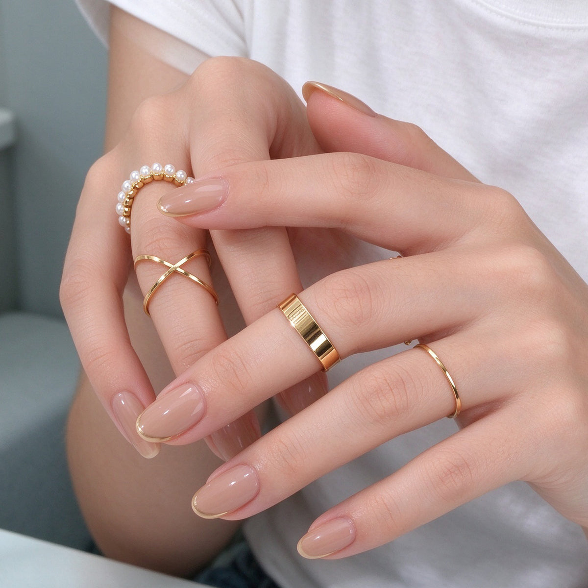 4pcs Gold Faux Pearls X Cross Wide Thin Stackable Knuckle Midi Finger Rings set