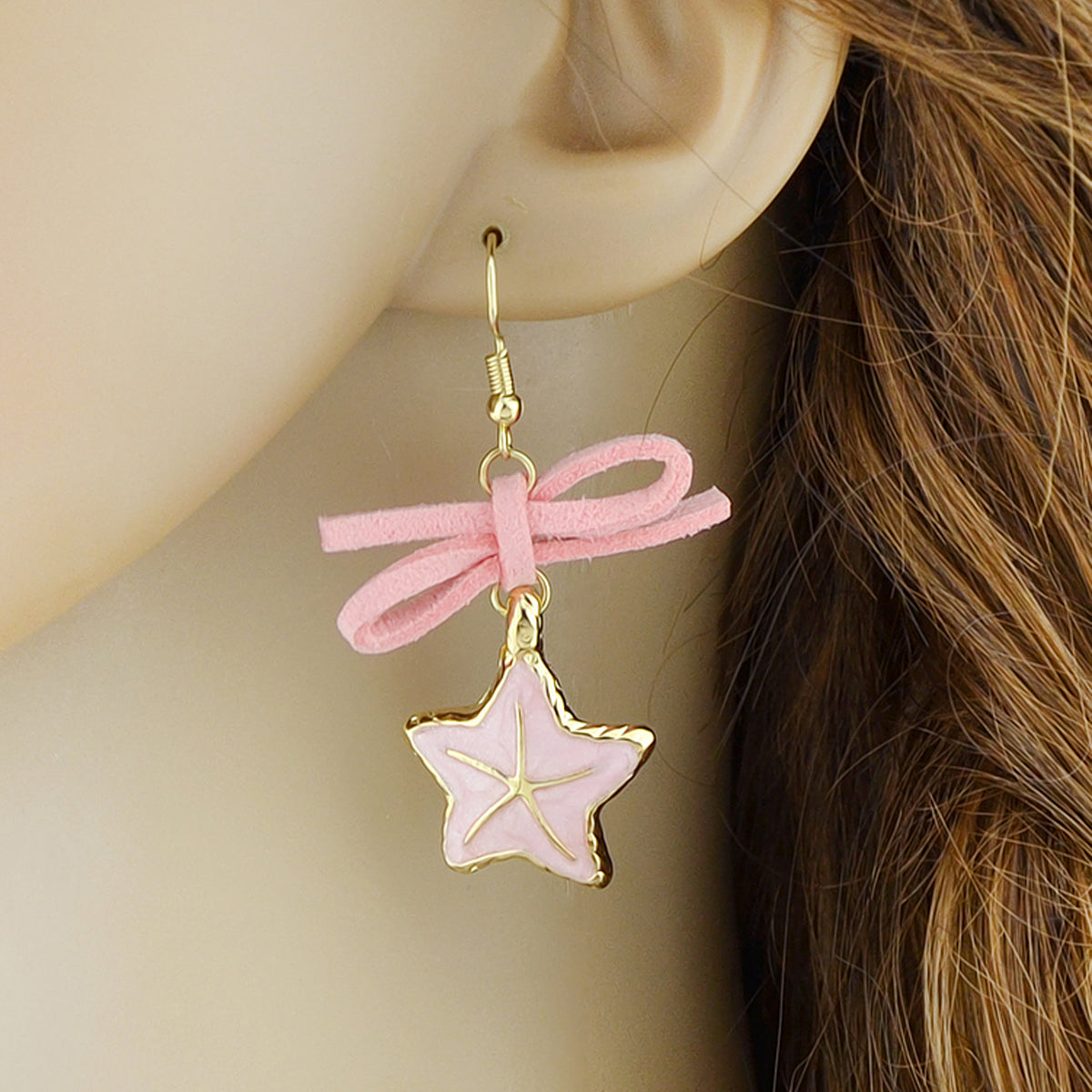 Asymmetric Design Pink Bowknot Enamel Shellfish Starfish Drop Boho Chic Earrings