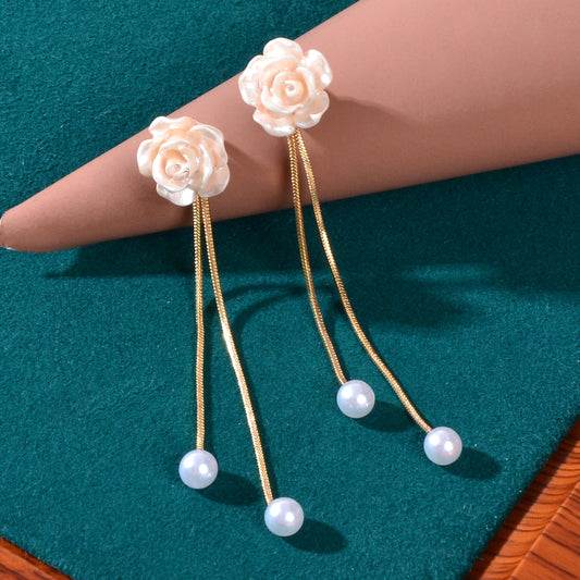 Romantic Resin Flower Pearl Charm Long Gold Chain Pendant Earrings Women Date