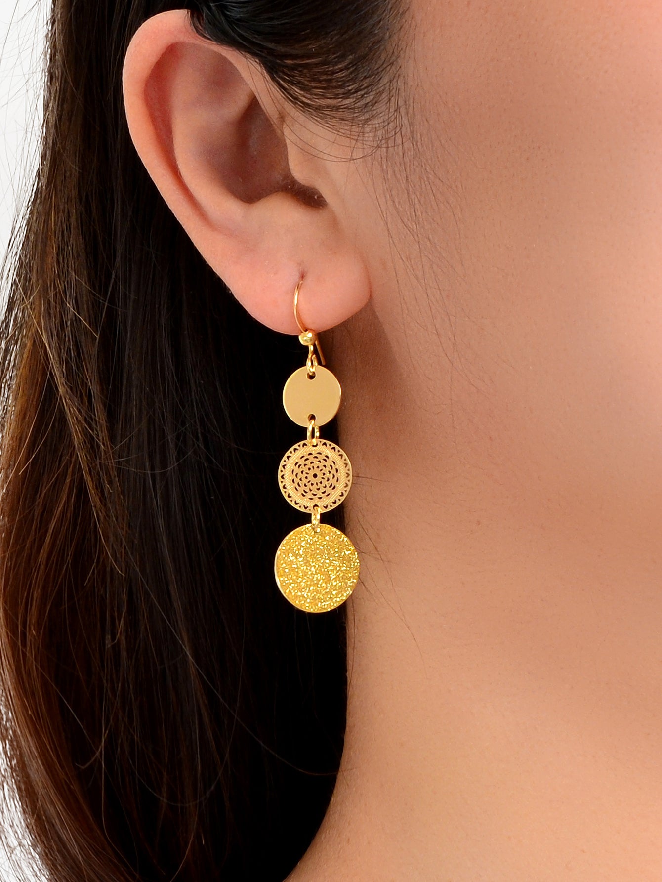 Chic Triple Round Disc Pendants Earrings Stylish Dangling Ear Jewelry Girls Gift