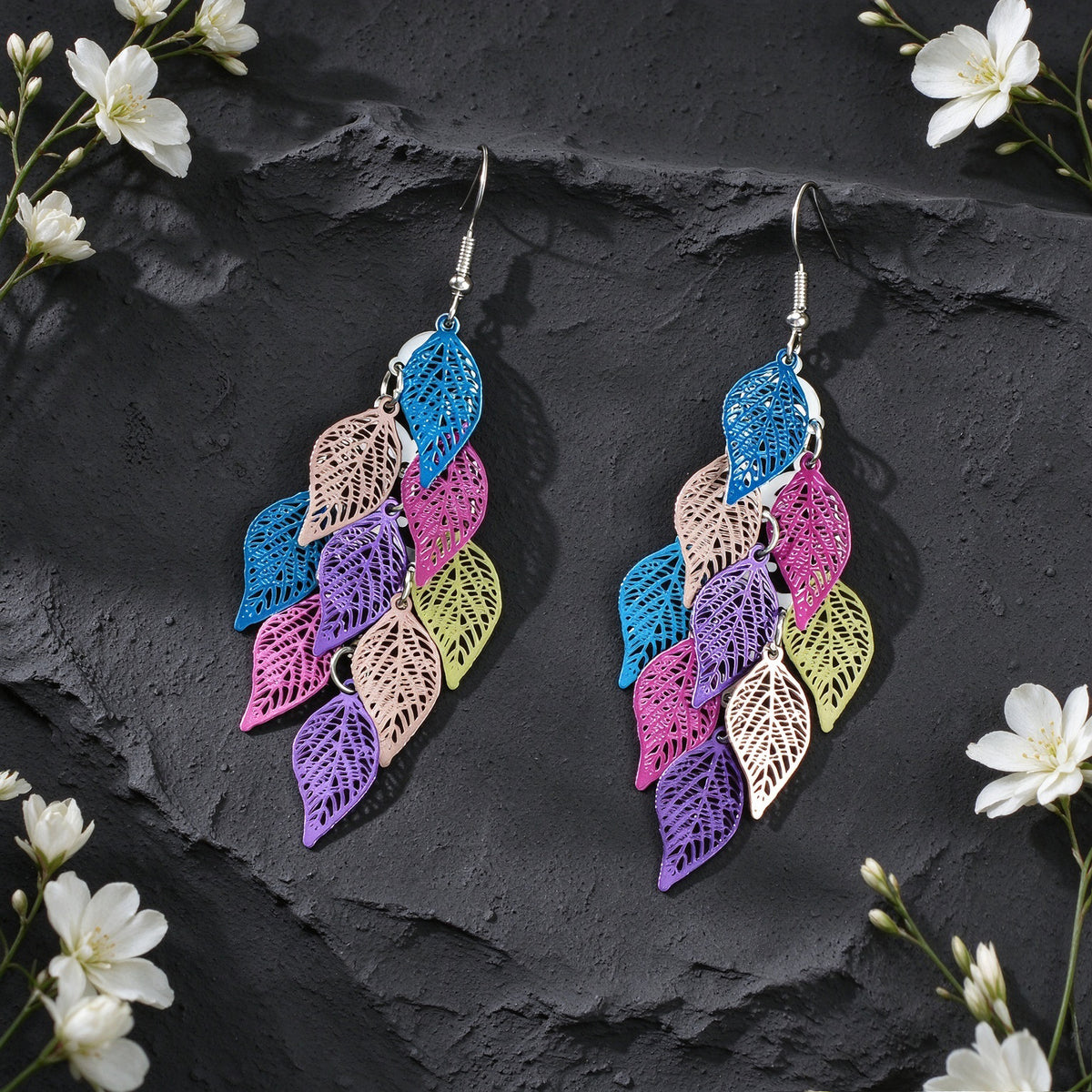 Hollow Multi Layer Leaf Tassel Dangle Earrings Boho Vacation Party Jewelry Gift