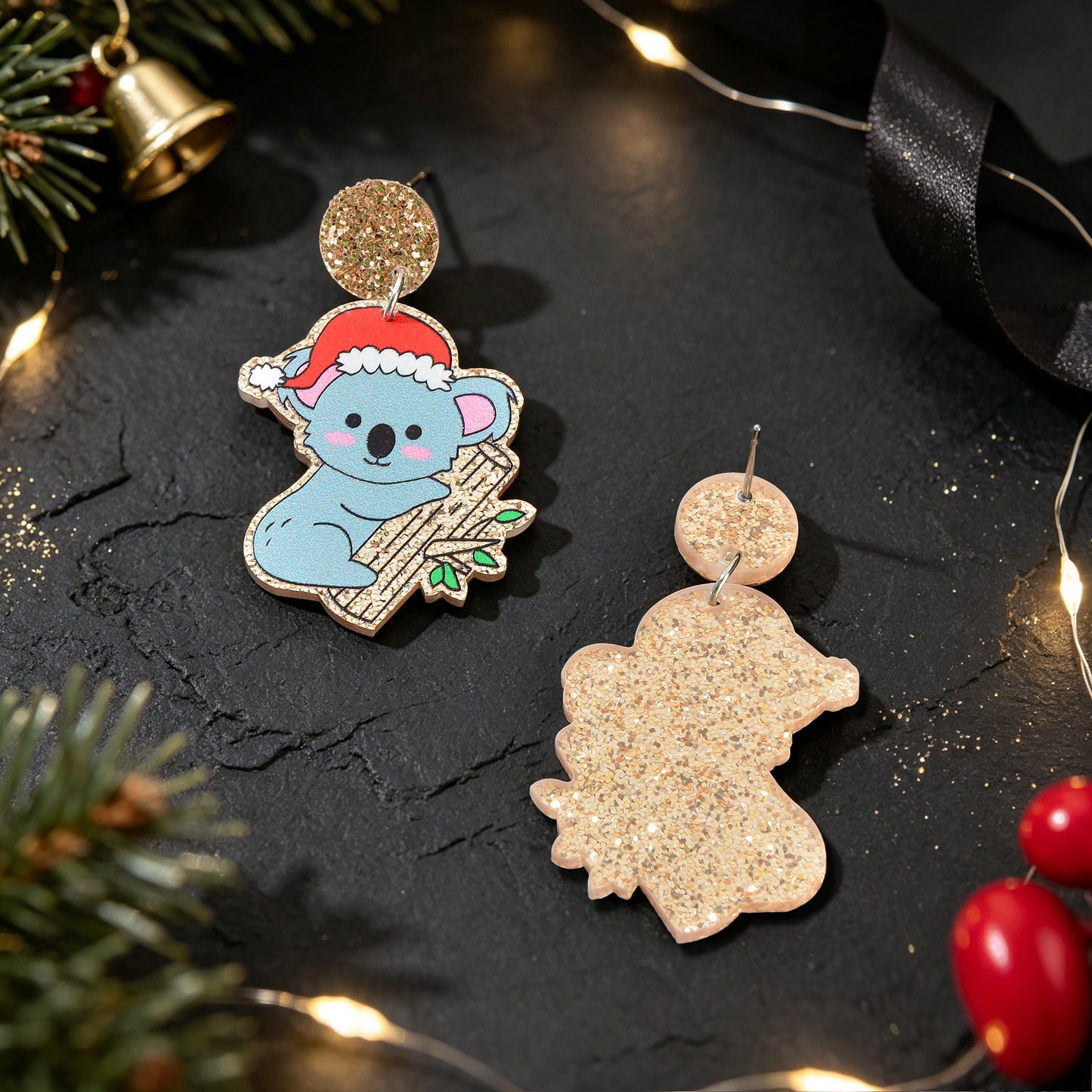 Christmas Santa Hat Koala Dangle Earring Cute Xmas Holiday Party Costume Jewelry