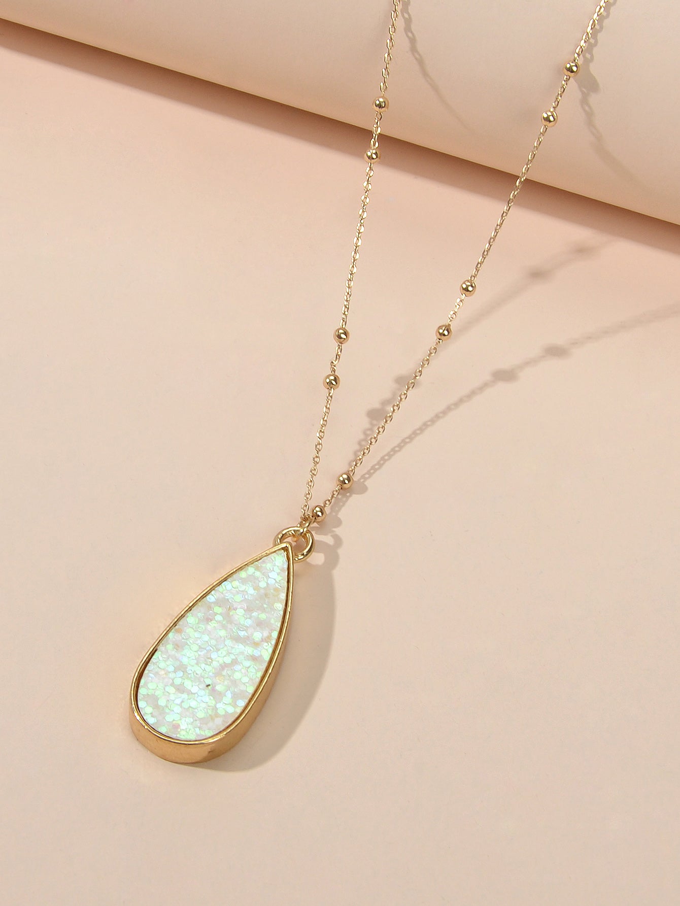 Women Teen Girl Jewellery Gold Beads Chain Shinning Water Drop Pendant Necklace