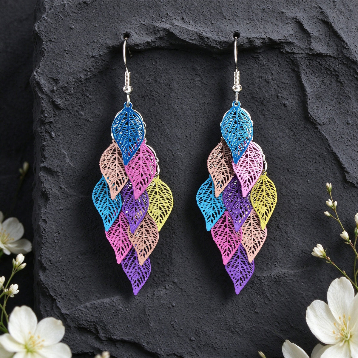 Hollow Multi Layer Leaf Tassel Dangle Earrings Boho Vacation Party Jewelry Gift