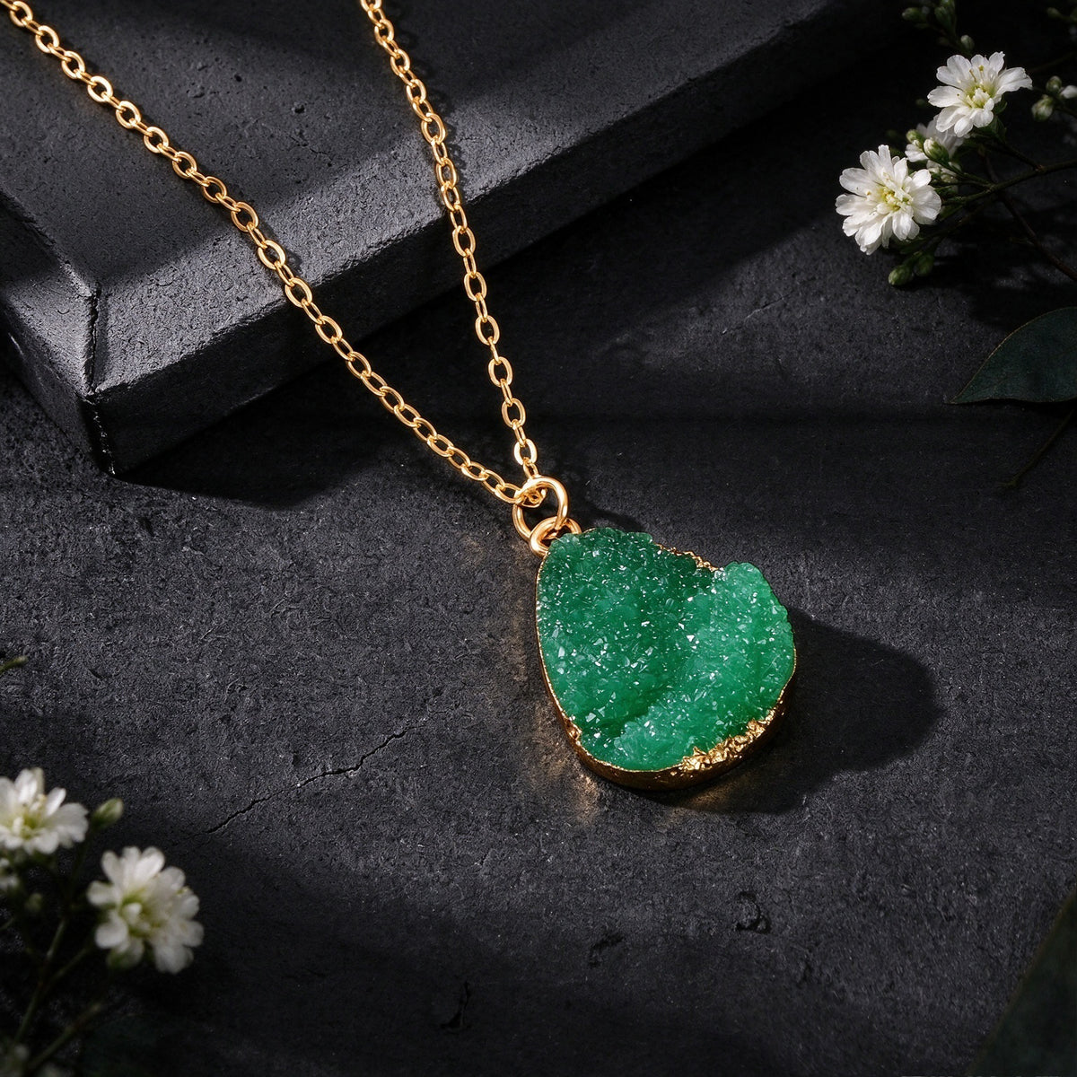 Boho Chic Flower Cluster Water Drop Pendant Necklace Gold Chain Vacation Jewelry