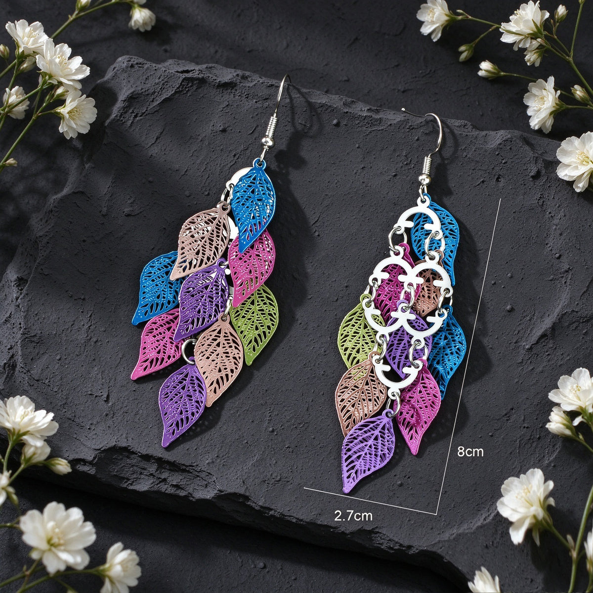 Hollow Multi Layer Leaf Tassel Dangle Earrings Boho Vacation Party Jewelry Gift