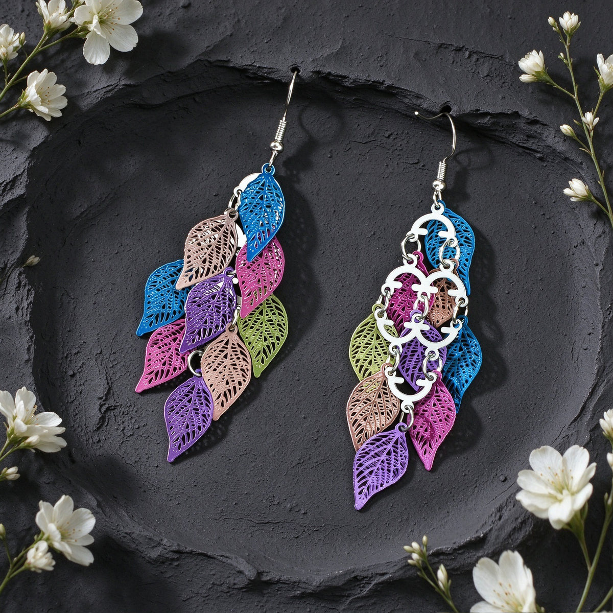 Hollow Multi Layer Leaf Tassel Dangle Earrings Boho Vacation Party Jewelry Gift