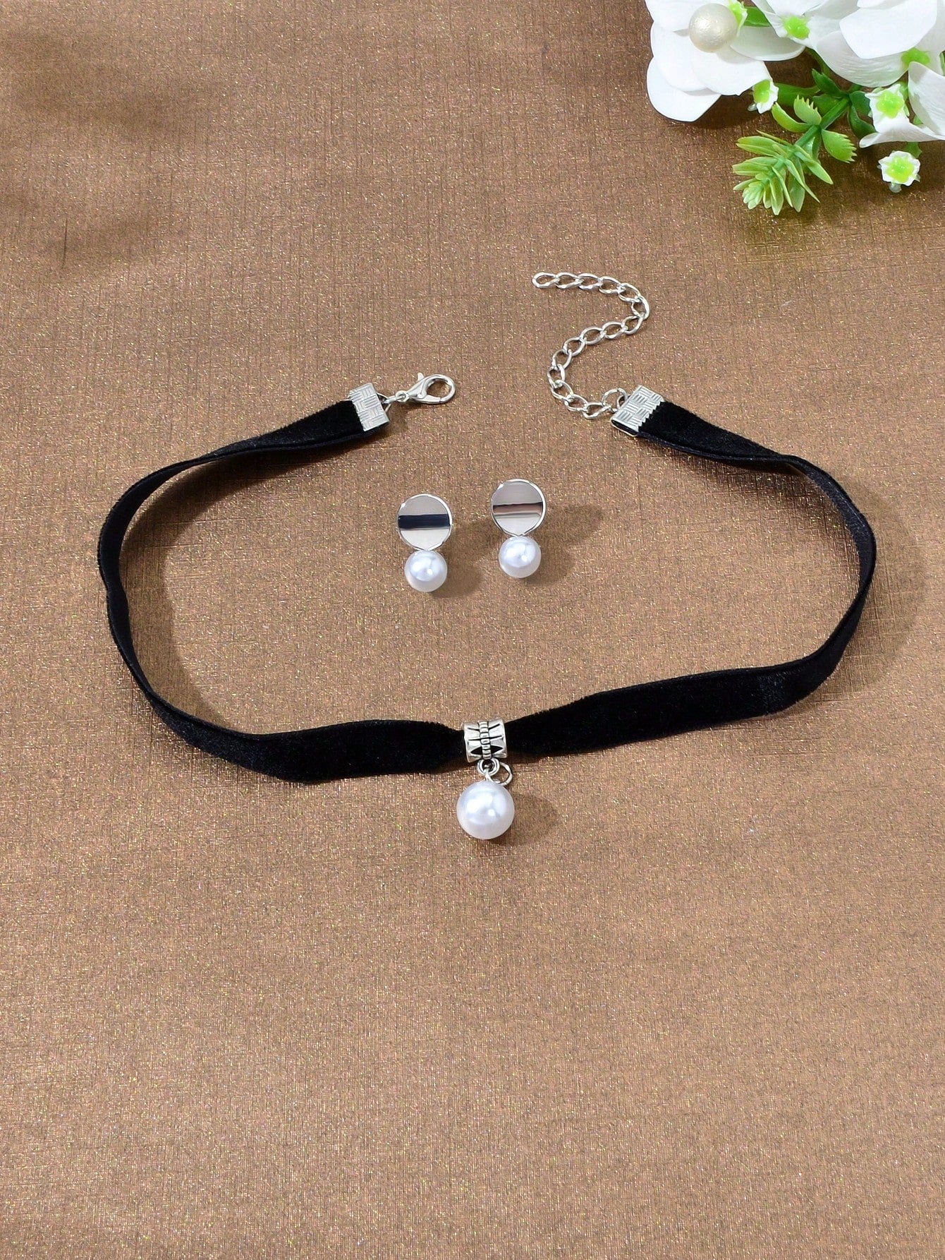 Black Velvet Pearl Pendant Necklace & Stud Earrings - Timeless Charm Jewelry Set