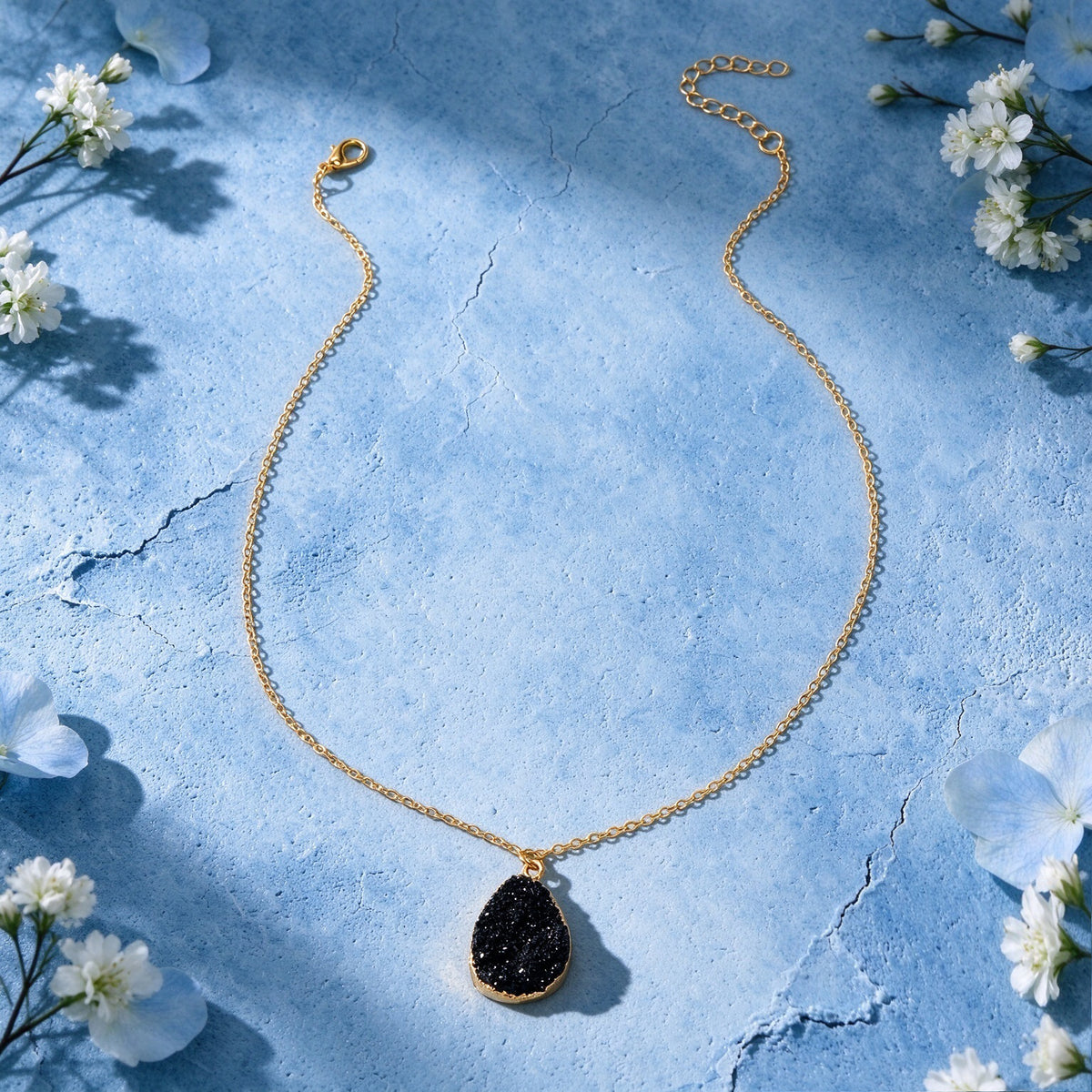 Boho Chic Flower Cluster Water Drop Pendant Necklace Gold Chain Vacation Jewelry