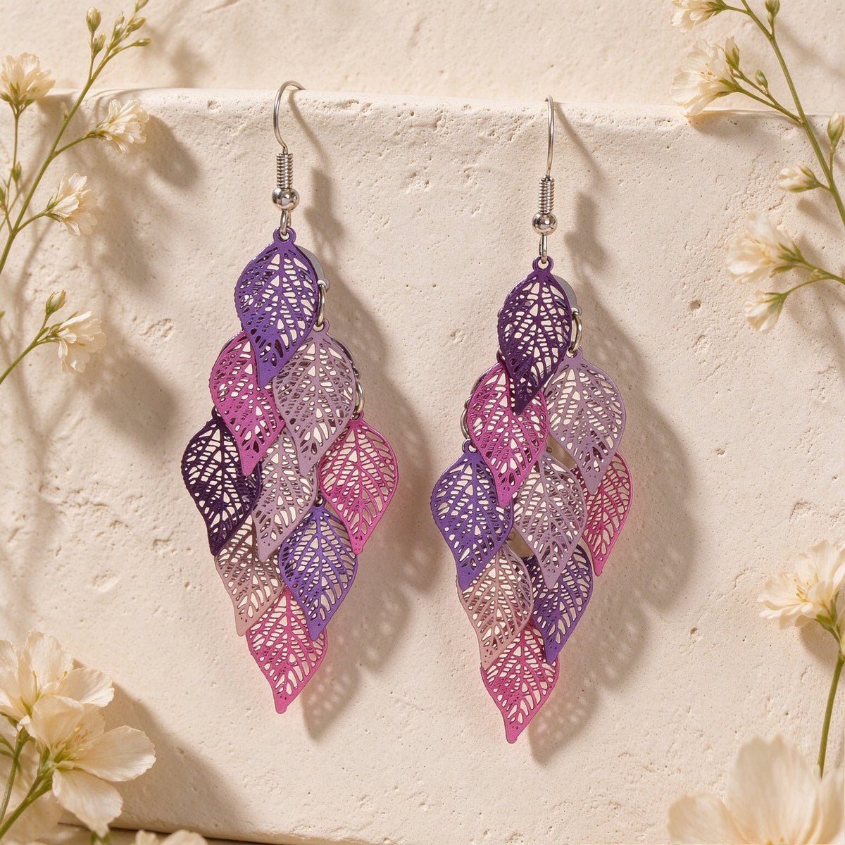 Hollow Multi Layer Leaf Tassel Dangle Earrings Boho Vacation Party Jewelry Gift