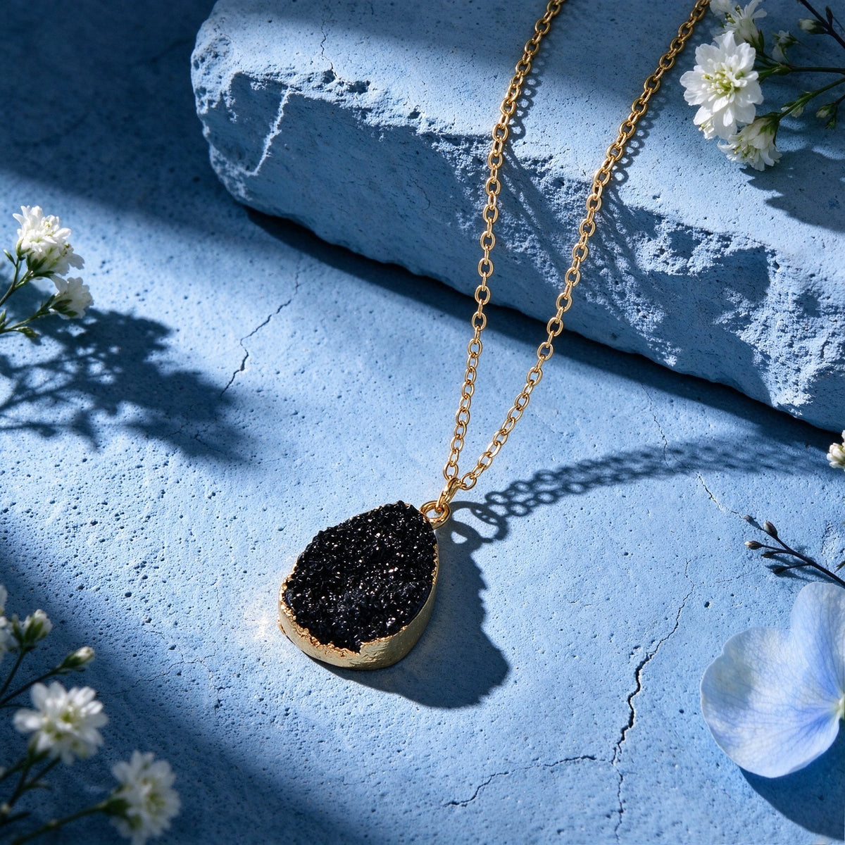 Boho Chic Flower Cluster Water Drop Pendant Necklace Gold Chain Vacation Jewelry
