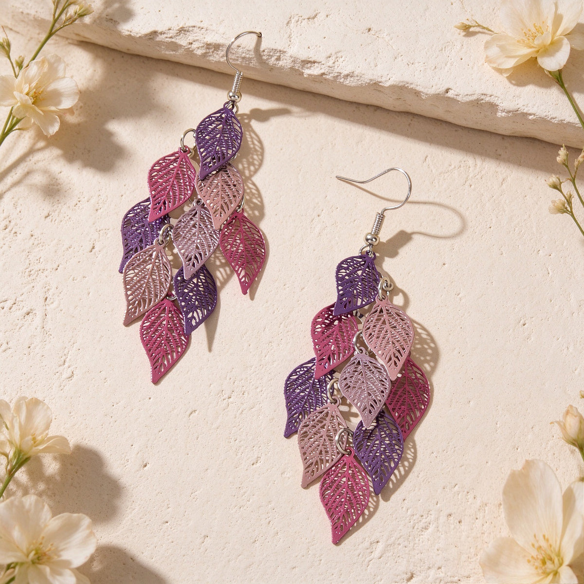 Hollow Multi Layer Leaf Tassel Dangle Earrings Boho Vacation Party Jewelry Gift