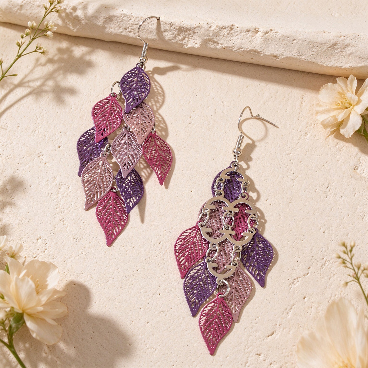 Hollow Multi Layer Leaf Tassel Dangle Earrings Boho Vacation Party Jewelry Gift