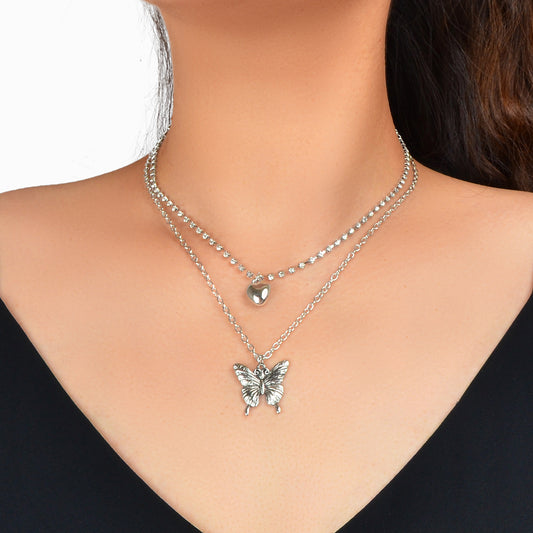 2 pcs Multiple Layered Rhinestone Chain Silver Heart Carved Butterfly Necklace