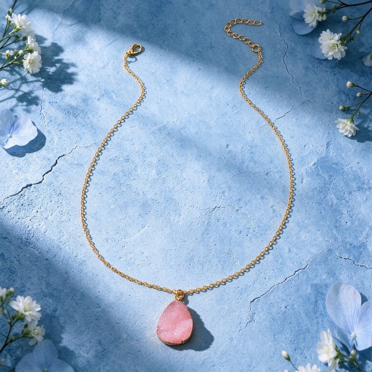 Boho Chic Flower Cluster Water Drop Pendant Necklace Gold Chain Vacation Jewelry