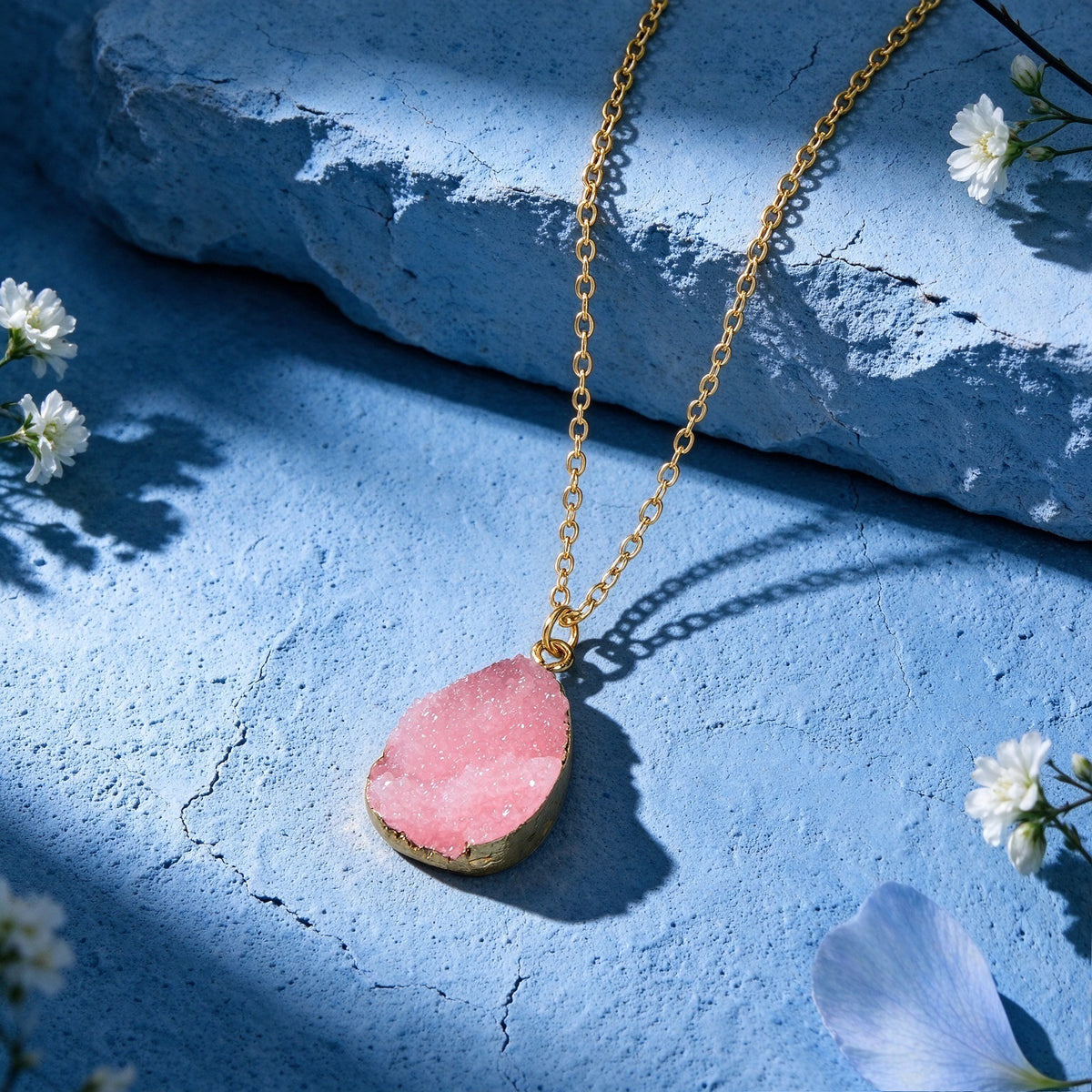 Boho Chic Flower Cluster Water Drop Pendant Necklace Gold Chain Vacation Jewelry